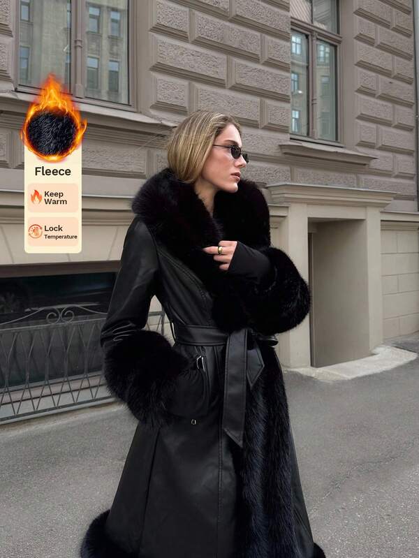 MOTF PREMIUM ABRIGO DE PIEL SINTÉTICA CON CONTRASTE DE PIEL SINTÉTICA Y CINTURÓN