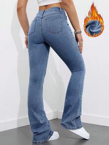 SHEIN ICON Women's Blue Casual Fleeced Warm Fashion Versatile Flare Jeans - Medium Wash - View 2