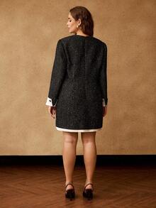 MOTF PREMIUM PLUS SIZE TWEED CONTRAST CUFF FITTED A-LINE DRESS - Black - View 3