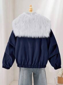 SHEIN 少女外套，藏蓝色长袖，正面刺绣，可拆卸人造毛领，美式学院风，时尚休闲百搭，适合秋冬季外出和居家穿着，可搭配牛仔裤、运动裤、连帽衫。 - 藏蓝色 - 查看 5