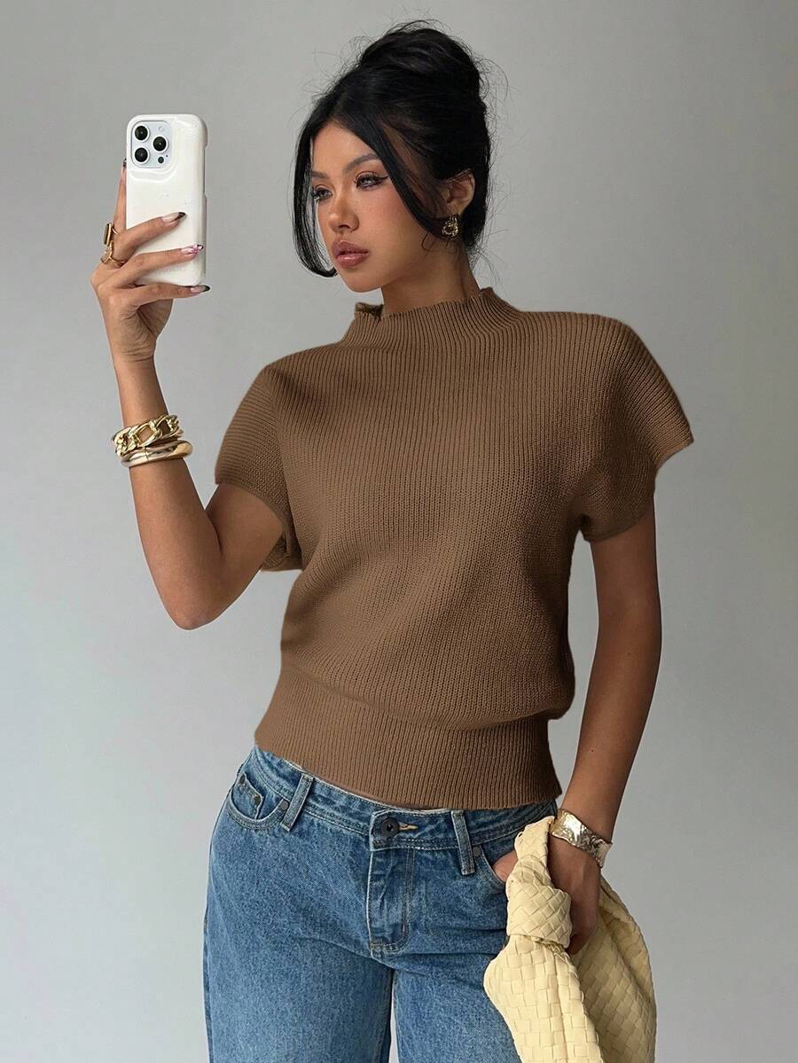 Aloruh Women's Solid Color Stand Collar Short Sleeve Casual Loose Knit Sweater - Brown - View 1