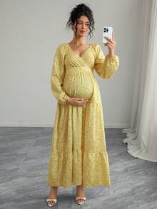 Momance-D 女式黄色碎花 V 领褶饰蛋糕裙长袖孕妇装，春秋装 - 彩色 - 查看 4