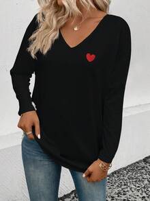 EMERY ROSE Women's New Arrival Heart Pattern V-Neck Long Sleeve Casual Versatile T-Shirt, Autumn/Winter - Black - View 4