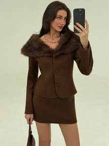 Aloruh 1 Set: Wool Blend Oversized Collar Jacket + Regular Length Wool Blend Skirt, Fashionable Outerwear For Autumn/Winter - Brown - View 4