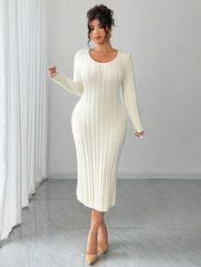 Dazy Plus Elegant Long Sleeve Beaded Decor Fitted Maxi Sweater Dress, Plus Size, Suitable For Formal Events In Autumn/Winter