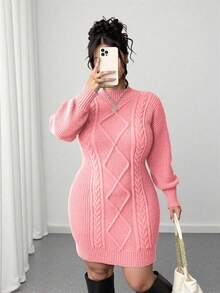 Elenzga Plus Size Solid Color Round Neck Drop Shoulder Long Sleeve Fitted Fashionable Knit Sweater Dress - Pink - View 1