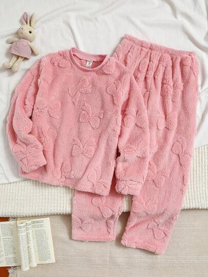 女童休闲毛绒柔软长袖上衣和裤子家居服套装，舒适保暖，适合秋冬季穿着