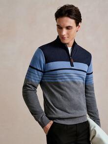 Manfinity CityGents Men's Striped Long Sleeve Zipper Half Placket Casual Knitted Sweater, Autumn/Winter