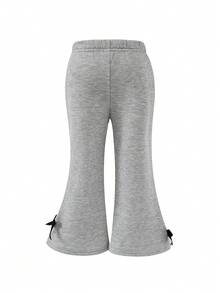 SHEIN 2 件套年轻女孩韩版休闲灰色运动衫，带蝴蝶结和喇叭裤套装，独特的秋冬装 - 灰色 - 查看 5