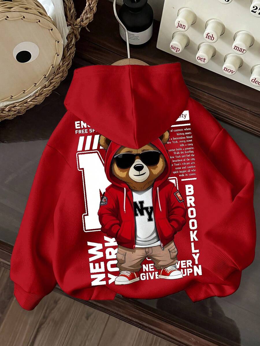 Young Boy Casual Comfortable Thick Knit Long Sleeve Sweatshirt, Suitable For Autumn/Winter - Red - View 1