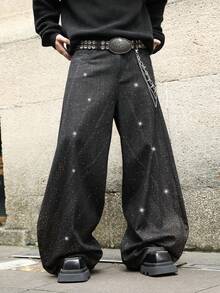ROMWE MEN Street Life Men's Fashionable Retro Rhinestone Embellished Wide Leg Jeans - Black - View 5