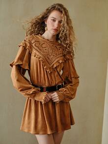 MOTF STUDIO VESTIDO MINI BOHEMIO ELEGANTE CON VOLANTES DE ENCAJE CONTRASTANTE - Marrón - Ver 6