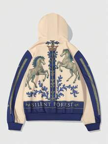 ROMWE MEN Street Life Knight On Horse Graphic Zip-Up Hooded Sweatshirt Sweatshirt - Multicolor - View 2