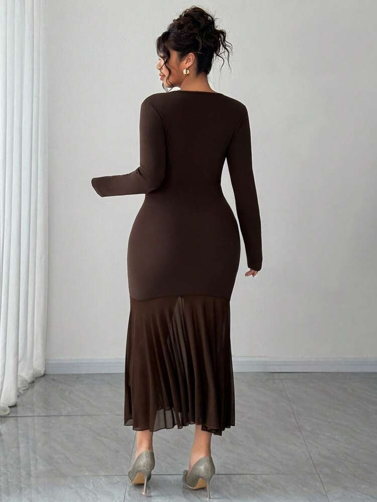 Dazy Plus Plus Size Women Elegant Party Dress, Casual Stretchy Fitted Mesh Patchwork Long Sleeve, Spring/Autumn