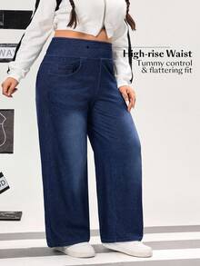 SHEIN Unity Quần jean ống đứng lưng thun lót nhiệt màu trơn cỡ lớn cho nữ - Rửa tối - Xem 3