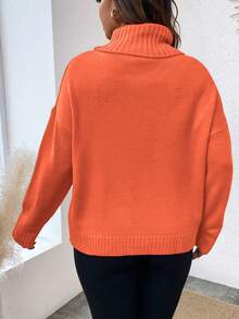 EMERY ROSE Plus Size Solid Color Turtleneck Sweater, Casual For Autumn/Winter - Orange - View 2