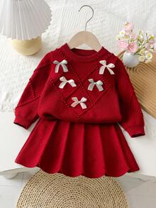 Souflis Souflis 6-9 Monate Baby Mädchen Warmer Outfit, Baby Mädchen Winter Warmer Gestrickter 2 Stücke Set, Süßer Schleifenpullover und plissierter Rock Set, Bequem, weich und hautfreundlich