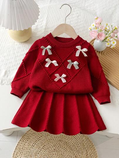 Souflis Souflis 6-9 Monate Baby Mädchen Warmer Outfit, Baby Mädchen Winter Warmer Gestrickter 2 Stücke Set, Süßer Schleifenpullover und plissierter Rock Set, Bequem, weich und hautfreundlich