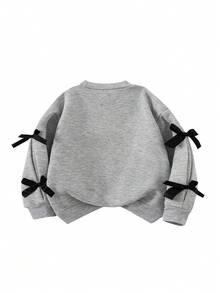 SHEIN 2 件套年轻女孩韩版休闲灰色运动衫，带蝴蝶结和喇叭裤套装，独特的秋冬装 - 灰色 - 查看 4