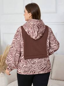 Lacomfia Plus Size Color Block Print Hooded Sweatshirt For Women - Coffee Brown - View 2