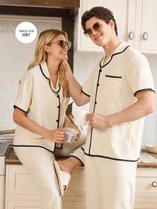 CoupledUp 杏色泡泡领开衫短袖男士睡衣套装 - 杏色 - 查看 3