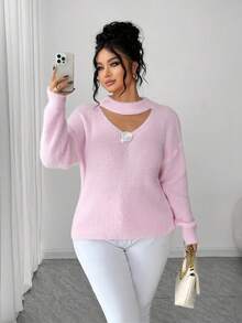 Elenzga Suéter de punto con cuello en V, unicolor, con perlas metálicas, para mujer de talla grande, informal para otoño/invierno, adecuado para Navidad, Halloween, vuelta al colegio - Rosa - Ver 4