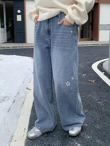 Dazy Plus 秋季女童星星印花装饰图案宽松直筒休闲长牛仔裤