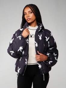 Missguided x Playboy Áo khoác phao in hình thỏ có chi tiết xếp ly, áo khoác ngoài mùa đông chần bông cho thời tiết lạnh - màu đen - Xem 5