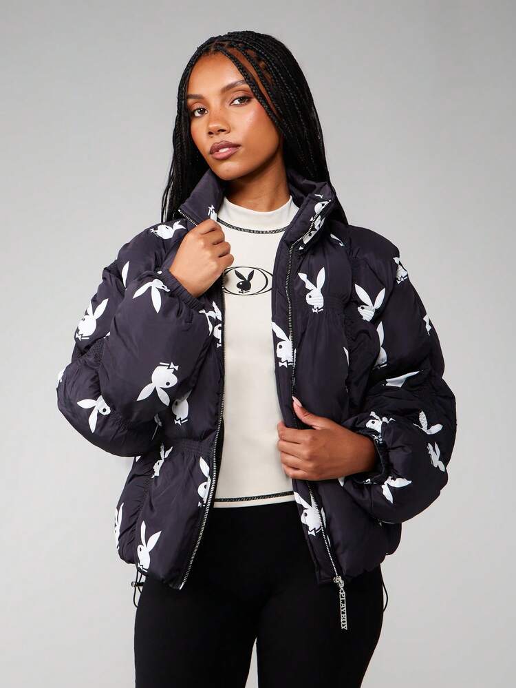 Missguided x Playboy Bunny Print Puffer Coat With Shirred Details Winter Outerwear Quilted Jacket For Cold Weather