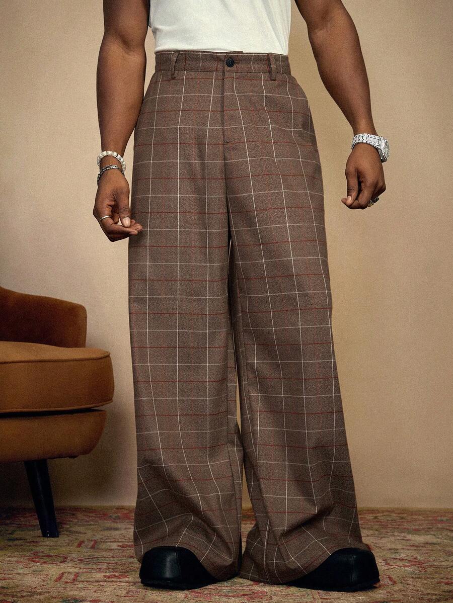 PAVTROS Manfinity Streetrush 男士街头风流行INS搭配，男士格子口袋阔腿宽松休闲裤，叠穿，正装裤，街头服饰，保暖冬季服装，圣诞节服装，男友礼物 - 鏽棕色 - 查看 1