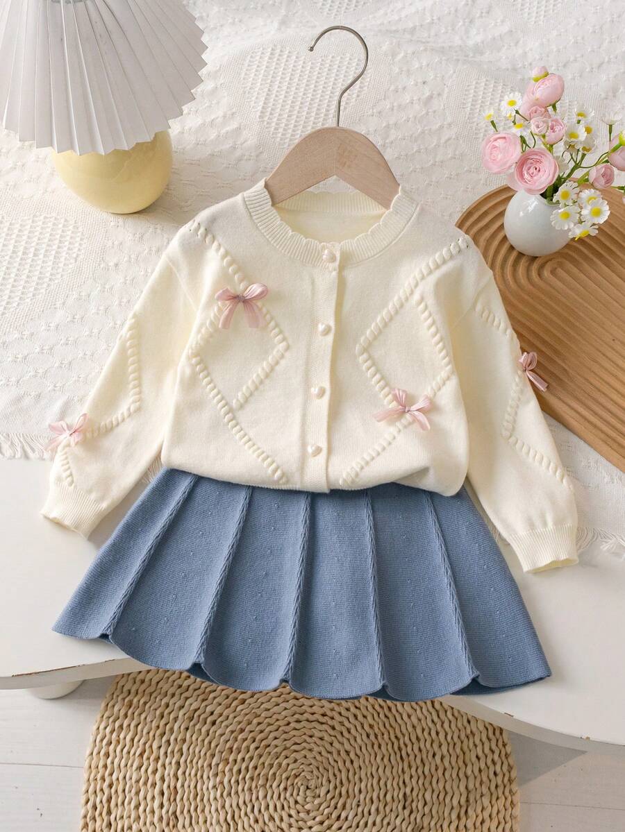 Souflis Souflis Ensemble de cardigan tricoté et jupe tricotée avec décoration de nœud pour bébé fille - Multicolore - Voir 1