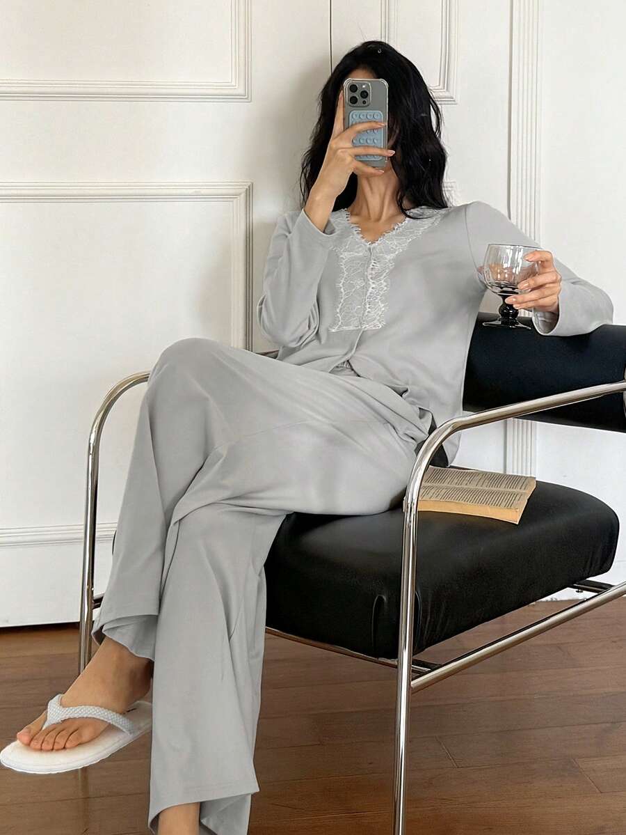 DAZY Women's Lace Patchwork Brushed Pajama Set, Autumn/Winter - Light Grey - View 1