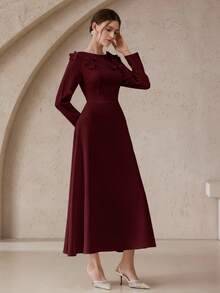 Modelyn Rochie lungă elegantă pentru femei, în culoare solidă, cu decor floral 3D, potrivită pentru primăvară și toamnă - Burgundia - Vizualizare 4