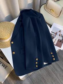 Franclia Women's Casual Cream-Colored Blazer Jacket, French Style Spring/Autumn New Arrival, Solid Color Lightweight Suit Jacket - Navy Blue - View 2