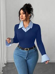 Elenzga Chemise rayée grande taille, T-shirt à manches longues