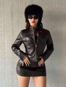 Jeanoix 女式复古性感朋克腰部收紧金属拉链夹克 - 棕色 - 查看 6