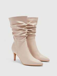 CUCCOO BIZCHIC 尖头细高跟卡其色时尚一脚蹬褶皱绒面革中筒靴女款 - 卡其色 - 查看 6