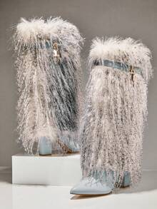 SHUZIA 女士精美绒毛人造毛皮保暖及膝冬靴 - 淺藍色 - 查看 7