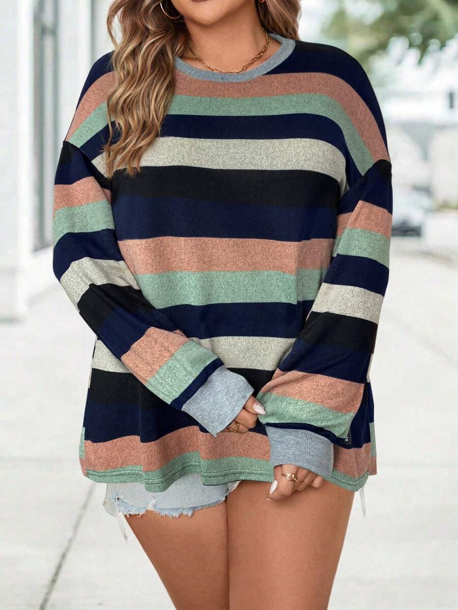 SHEIN LUNE Áo thun tay dài cổ tròn kẻ sọc nhiều màu cỡ lớn cho ngày lễ Tạ ơn - Nhiều màu - Xem 1