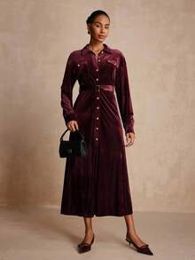 Lyxana 天鹅绒领长袖系带优雅女式连衣裙 - 酒紅色 - 查看 5