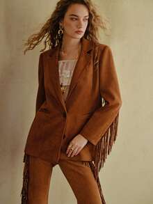 MOTF STUDIO SUEDE LOOSE FRINGE BOHEMIAN BOHO BLAZER - Brown - View 6