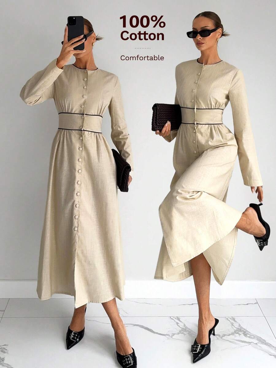 Siren Gaze 亚麻色块装饰中长连衣裙，棉质长袖口袋连衣裙 - 杏色 - 查看 1