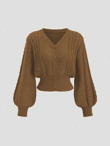 Sweetra Women's Loose Fit Burgundy Lantern Sleeve V-Neck Cardigan Knit Sweater, Minimalist & Sweet, Autumn/Winter