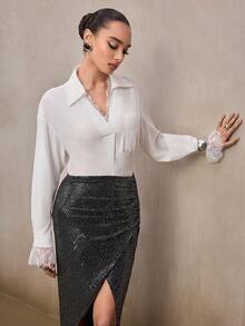 Modelyn Blusa casual suelta con contraste de encaje elegante y sencillo, adecuada para el trabajo y el transporte - Blanco - Ver 4