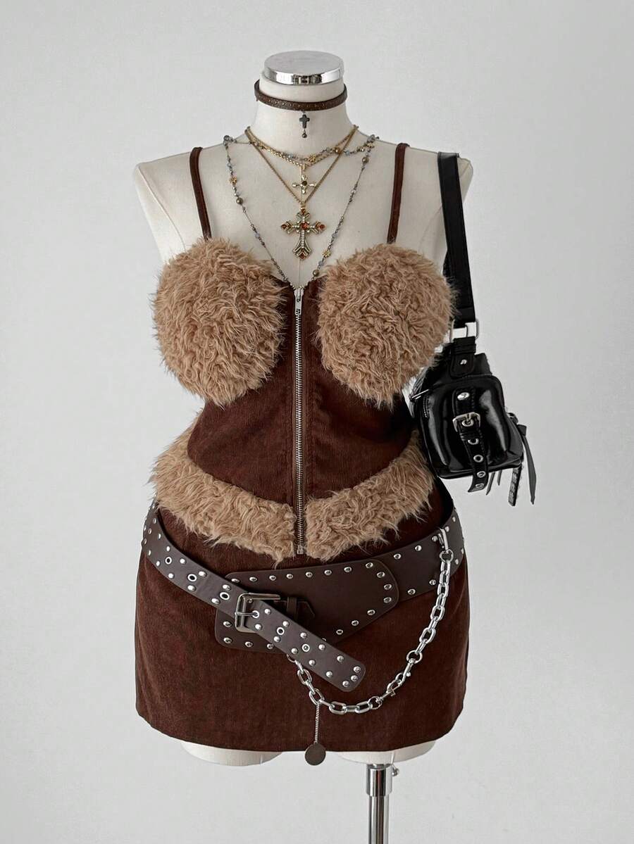 Sunspun Conjunto de 2 piezas de top bandeau y minifalda de parchwork de felpa talla grande para mujer - Marrón - Ver 1