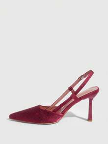 CUCCOO SZL 尖头水钻装饰细高跟派对浅口鞋，性感露背女式正装鞋 - 酒紅色 - 查看 9