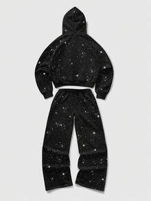 ROMWE MEN Street Life Men's Textured Fabric Pocket Hoodie And Drawstring Waist Wide Leg Sweatpants Set, Spring/Autumn, Winter - Black - View 2