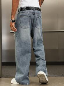 Manfinity EMRG 男士街头时尚做旧拼布复古水洗阔腿裤 - 中等水洗藍 - 查看 3