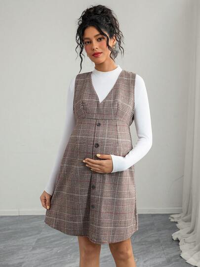 SHEIN Vestido Casual de Amamentação Xadrez Príncipe de Gales com Alça e Botão Único, Outono