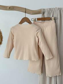 Blossori Bộ áo khoác và quần cài nút kiểu Pháp thanh lịch cho bé gái - Màu Khaki - Xem 3